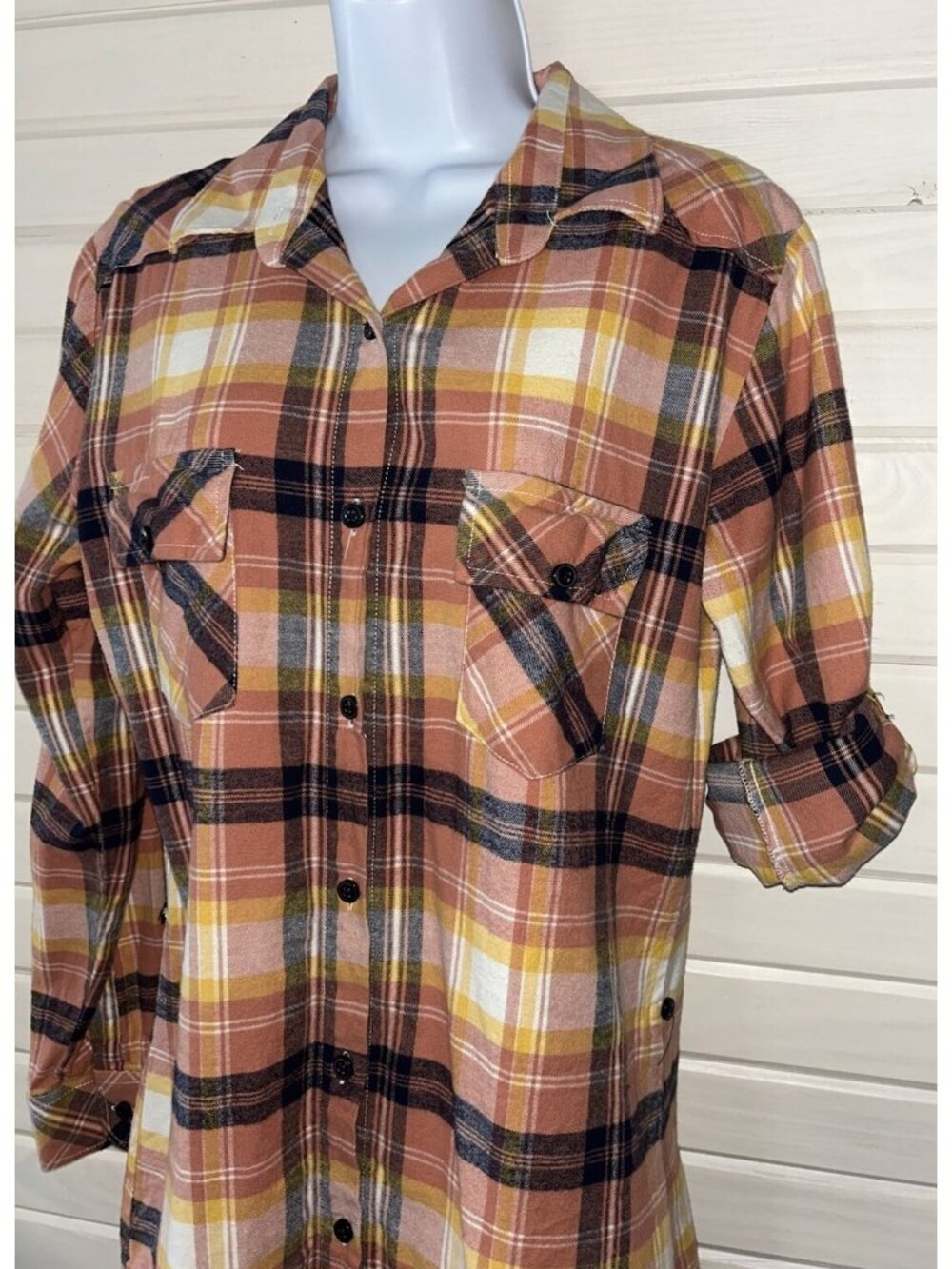 Matchstick Argus Sz MEDIUM Plaid Flannel Shirt 100% Cotton Roll Tab Sleeves EUC